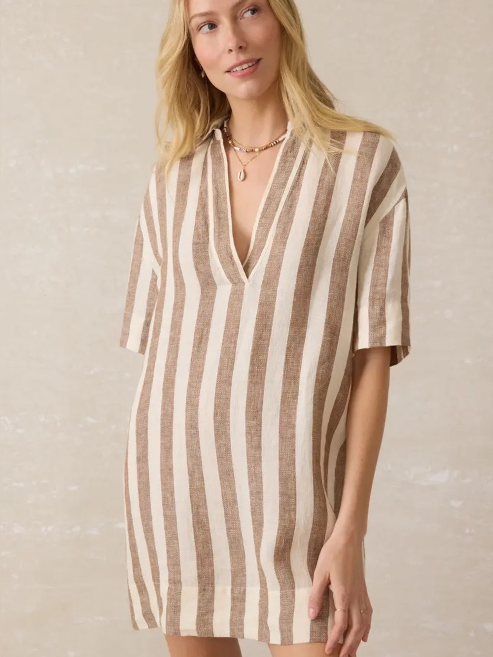 Faherty Palma Dara Stripe Mini Shirtdress Cream Tan 100% Linen Size Small